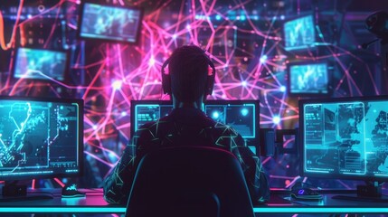 Wall Mural - Neural lowpoly AI futuristic neon network of man playing games gamer