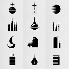 Canvas Print - Set of 12 Simple Black and White Geometric Cityscape Icons