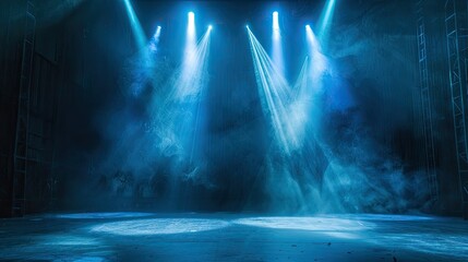 vibrant blue light against dark stage, creating dramatic illumination