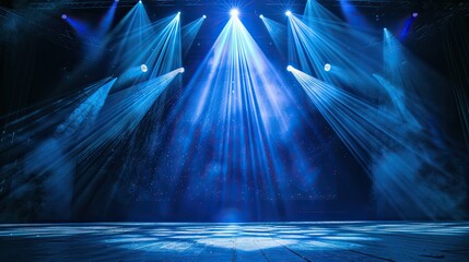 Wall Mural - Vibrant blue spotlight beams on dark stage, creating stunning contrast