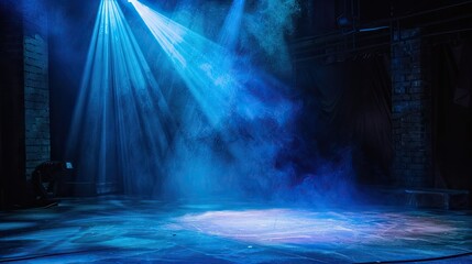 Poster - Vibrant blue spotlight shines on dim stage, creating dramatic light contrast