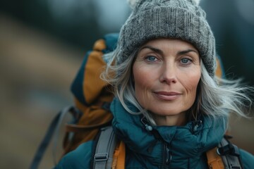 A mature female hiker dressed in warm outdoor gear stands against a natural backdrop. Her serious expression and gear reflect preparedness and survival skills in nature.