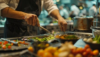 A chef is cooking food in a kitchen with a variety of vegetables