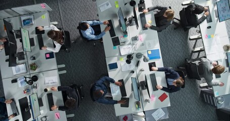 Aufkleber - Top Down View of Diverse Team Working on Desktop Computers in a Corporate Office. Collaborative Environment With Constant Activity, Discussions, and Document Sharing, Creating an Efficient Workspace.