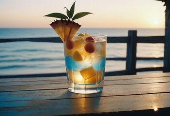 colorful tropical cocktail, exploding ingredients, ad shot
