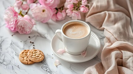 Canvas Print - A white coffee cup with a heart design sits on a white plate next to a cookie