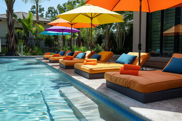 Wall Mural - Poolside lounge area with colorful towels and umbrellas