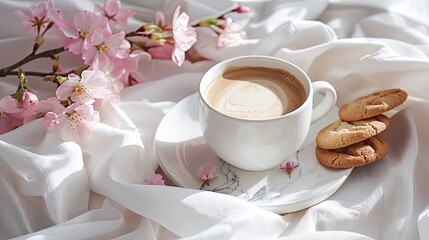 Poster - A white cup with a cookie on top of it