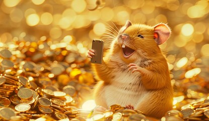 Wall Mural - A hamster is holding a cell phone in its mouth while sitting on a pile of gold c