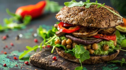 Wall Mural - Delicious Vegan Burger with Grilled Vegetables and Chickpeas