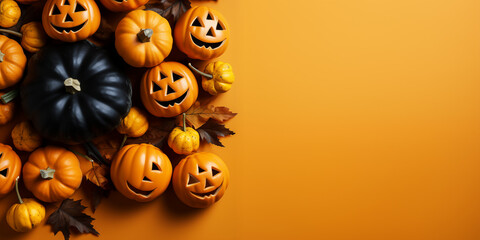 Wall Mural - Happy Halloween Holiday Concept For Greeting Card Banner On Orange Background With Copy Space