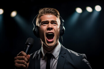 Wall Mural - Generative AI illustration motivational speaker with microphone in hand in front of audience at conference room