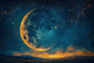 Wall Mural - Large moon is in the sky with a few stars. The sky is dark and the moon is the only light source