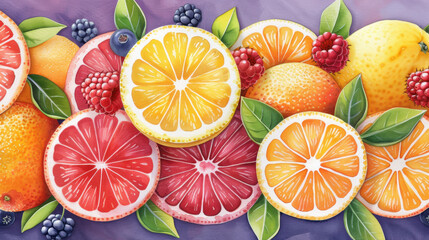 Wall Mural - A painting of various fruits, including oranges, raspberries, and blueberries