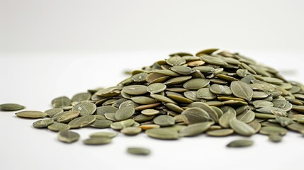 Pile of green pumpkin seeds on a white background