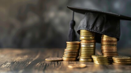 Stack of coins with graduation cap representing student loan and university scholarship with empty space for text