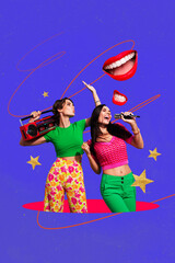 Sticker - Composite trend artwork 3D sketch image collage of carefree party occasion two woman lady friends sister hold boombox music mic sing song