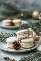 A professional photo of macarons in white , with pine leaves and decorations, on an elegant table top. 