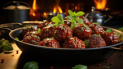 Canvas Print - meatballs with melted tomato sauce on a bowl with a black and blur background