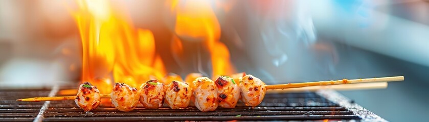Wall Mural - Grilled Chicken Skewers on a BBQ Grill.