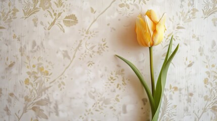 Poster - A single yellow tulip on light vintage floral wallpaper with space for text