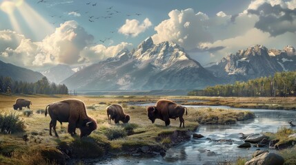 Sticker - Bison Grazing in the Majestic Mountains