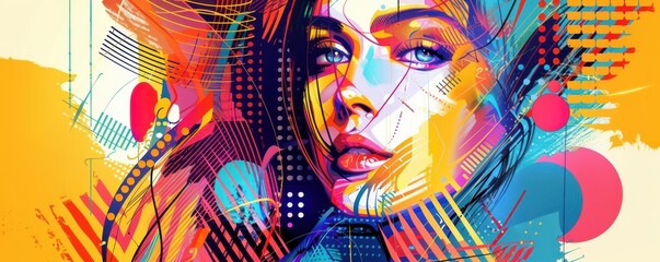 Wall Mural - A colorful painting of a woman's face with a red lip.