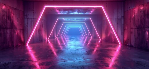 Poster - Cyber Sci Fi Futuristic Retro Hi Tech Dance Club Purple Pink Blue Lights In Dark Grunge Reflective Concrete Tunnel Corridor Hall Room Empty 3D Rendering