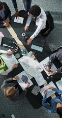 Aufkleber - Vertical Screen Zoom Out Top Down View: Diverse Team of Business Professionals and Engineers Working With Blueprints Of Industrial Machinery in An Office. Teamwork Of Colleagues With Laptop, Tablet