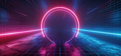 Wall Mural - Circle Neon Laser Fluorescent Purple Red Blue Glowing Sci-Fi Futuristic Warehouse Hangar Spaceship Steel Metal Frame Corridor Tunnel Dark Underground Basement 3D Rendering