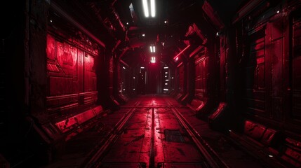 Wall Mural - a 3d rendering of a realistic sci-fi-style dark corridor with red light. a futuristic tunnel with gr