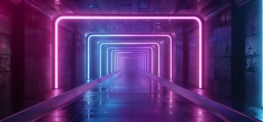 Poster - Virtual Reality Nylon Laser Stage Blue Purple Glowing Beams Reflective Floor Dark Night Empty Spaceship Corridor Tunnel Background 3D Rendering