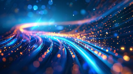 Three-dimensional illustration of digital data transmission via fiber optic fibers. Signal pulses are directed along the wires.