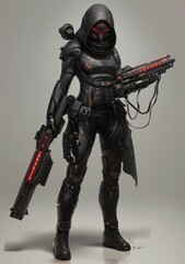 Wall Mural - An attacking cyborg woman stands on a gray background, holding an assault pistol in one hand. Sci-fi girl wears futuristic black armor with helmet. Soldier concept standing in hooded cloaks.