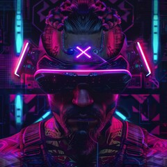 Poster - Science fiction cyberpunk gangster character wearing futuristic glasses / Cyberware hacker boss 3D illustration