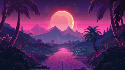 Wall Mural - Wallpaper background in retrowave or synthwave style, night grid poster