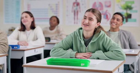 Poster - Girl, laugh and learning in classroom, high school and listen in group for diversity with education. Student, teenager and happy for info, scholarship and development with fun at academy for future