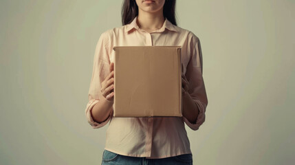 Close-up of female hands holding boxes on a light background. Young woman doing unpacking while standing indoors.