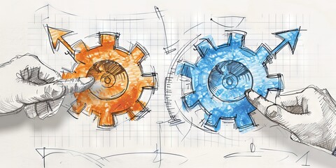 Naklejka na meble A hand-drawn illustration of three hands pointing at two gears on paper, one orange and the other blue