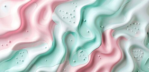 Wall Mural - 
3d render of abstract background with pastel pink and mint colors, wavy shapes and dots. illustration for web design, poster, banner., Isolated on white background 