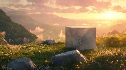 Sticker - Stone Cube in Mountain Landscape at Sunset