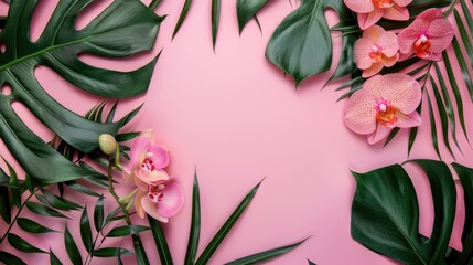 Wall Mural - Tropical leaves and orchid on beautiful background with space for text