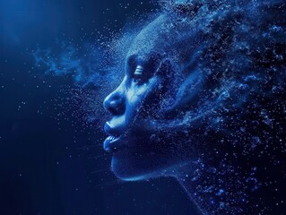Wall Mural - futuristic digital portrait of woman formed by luminous particles deep blue backdrop intricate details explores concepts of identity in digital age