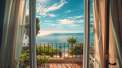 Scenic view from a guesthouse, looking through a panoramic window onto a terrace with a sea view on a sunny, warm summer day. Luxurious resort concept with blue skies