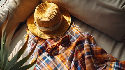 Wall Mural - Top view of a beach hat, sunglasses, and a plaid arranged on a sofa 