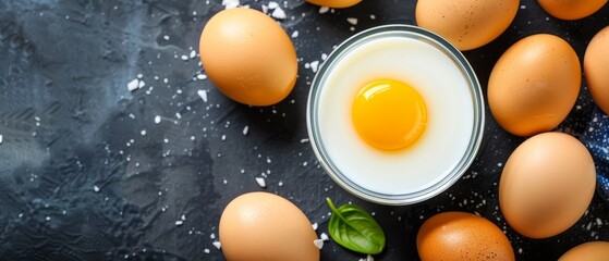 Whole raw eggs and a cracked egg in a bowl on a dark textured surface. Close-up food photography for culinary and recipe