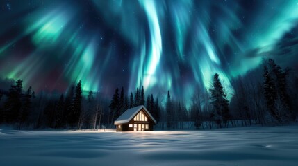 Mystical Northern Lights over a snowy landscape with pine trees and a cozy cabin emitting warm light