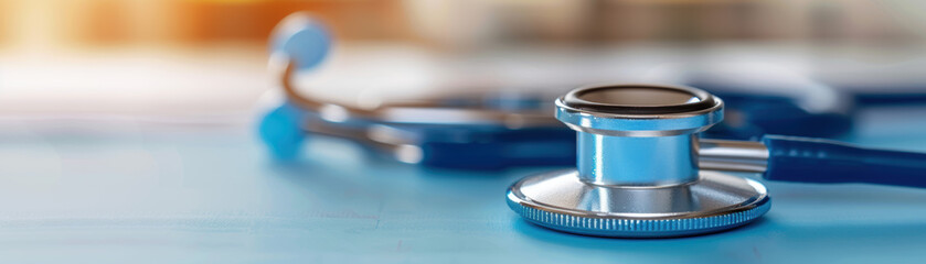 A medical instrument is on a blue surface