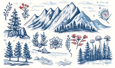 Nature Illustration Collection: Mountains, Trees, and Flowers