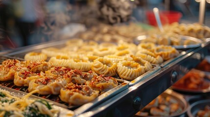 Traditional Korean market showcasing delectable round dumplings iconic street food with bokeh effect and space for text